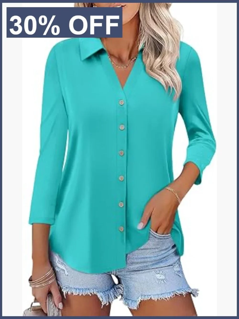 Womens 3/4 Sleeve Button Down Shirt Dressy Casual Business Top Soft Stretchy
